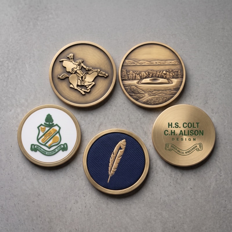 Custom brass golf ball markers with club crests and logos