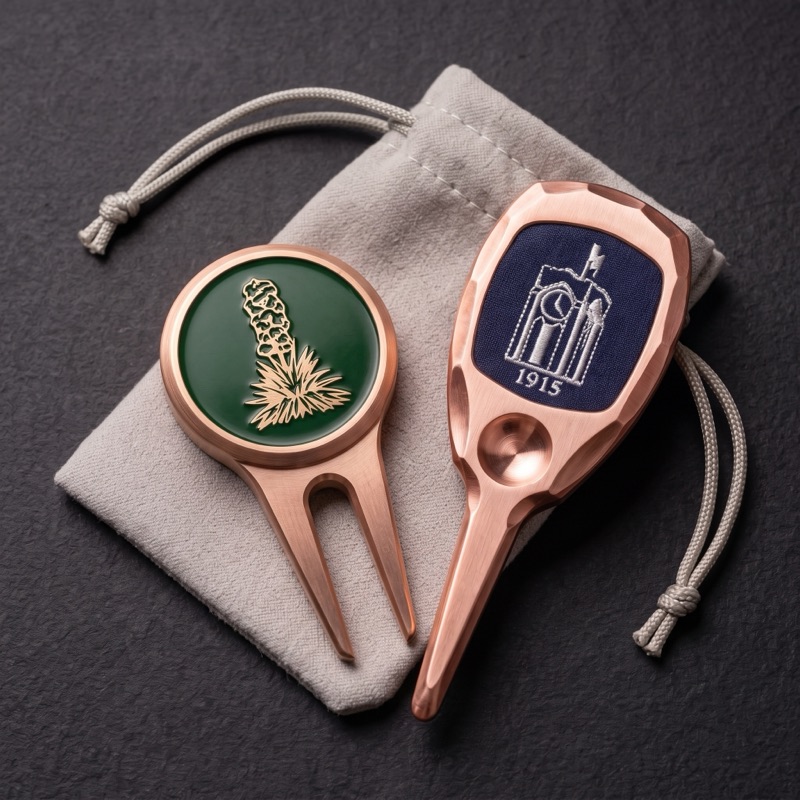 Custom copper divot tools with enamel club logos